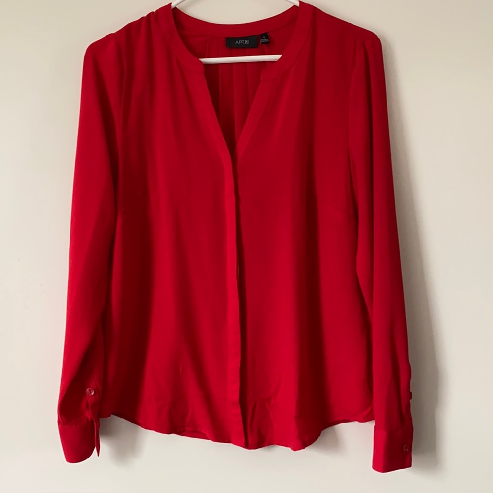 Red V neck button front shirt